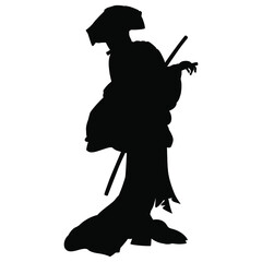 Medieval Japanese man or woman in kimono holding two swords. Traditional vintage style. Black silhouette on white background.