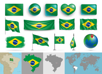 Wall Mural - set of brazil flags of various shapes and maps. realistic waving brazilian flag on pole, table flag,