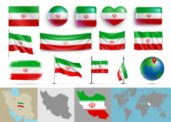 Wall Mural - iran flags of various shapes and geographic map set. realistic iranian flags, glossy buttons in patr