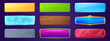 © klyaksun - Rectangle buttons with golden, wooden and water textures for ui game design. Vector cartoon set of glossy labels from ice, stone, red crystal and purple jelly isolated on background