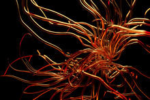 3d Illustration, Close-up Of A Neon   Orange Hairy Monster Swims On A Black Background