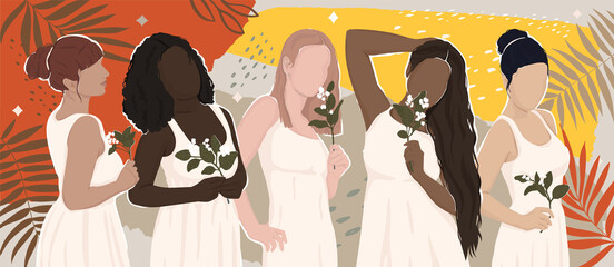 Wall Mural - women of different races together on an abstract orange background with leaves. modern vector flat illustration. isolated by layers. for poster, postcard, banner, magazine cover. women support.