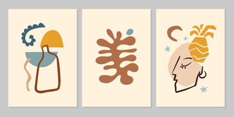 Hand drawn abstract modern minimal set of covers with colorful  shapes, vase, face, ananas, moon on beige background. Vector flat illustration. Design for poster, card, wallpaper, print, cover