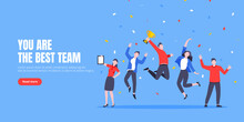 Happy Business Team Employee Team Winners Award Ceremony Flat Style Design Vector Illustration. Employee Recognition And Best Worker Competition Award Team Celebrating Victory Winner Business Concept.