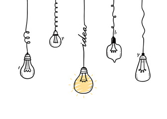 Wall Mural - Idea light bulb. Doodle hand drawn sketch style lamp. Concept of business idea, solution, brainstorm. Lightbulb with line curve. Pencil draw style vector illustration.