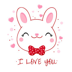 Sticker - Cute Valentine card in kawaii style. Lovely bunny with bow and pink hearts. Inscription I love you. Can be used for t-shirt print, stickers, greeting card design. Vector illustration EPS8