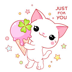 Wall Mural - Cute yummy card in kawaii style. Lovely cat with ice cream. Inscription Just for you. Can be used for t-shirt print, stickers. Vector illustration EPS8