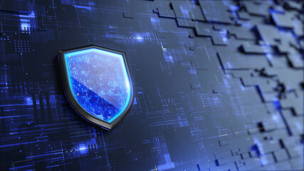 Wall Mural - Shield. Protect and Security concept. Digital Shield on abstract technology background. 3d rendering