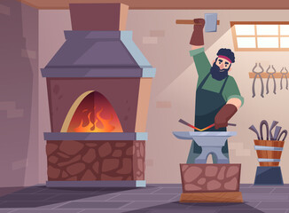 Poster - Foundry workshop background. Blacksmith worker making steel sword medieval fantasy character with hammer and traditional instruments exact vector