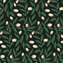 Dark Floral Pattern With Delicate Light Pink Berries. Seamless Pattern With Cute Hand-drawn Plants And Large Leaves. Vector Illustration.