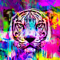 Wall Mural - Colorful artistic tiger muzzle with bright paint splatters