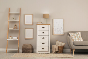 Sticker - Modern room interior with chest of drawers near light wall