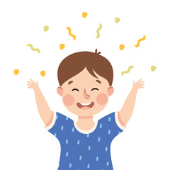 Sticker - Little Boy Demonstrating Facial Expression and Emotion Raising Hands and Cheering Enjoying Confetti Vector Illustration