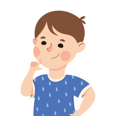 Wall Mural - Little Boy Demonstrating Facial Expression and Emotion of Idea Having with His Finger at His Chin Vector Illustration