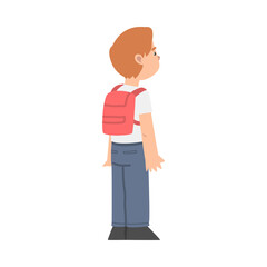 Canvas Print - Little Boy with Backpack Standing and Looking at Something with Interest Vector Illustration