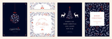 Luxury Corporate Holiday Cards With Christmas Tree, Christmas Ornament, Reindeers, Birds, Decorative Ornate Frame, Background And Copy Space. Universal Artistic Templates.