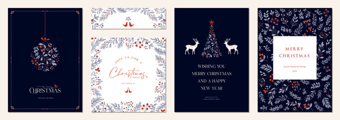 Wall Mural - luxury corporate holiday cards with christmas tree, christmas ornament, reindeers, birds, decorative