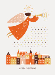 Wall Mural - Christmas card. Flying Christmas angel  over town