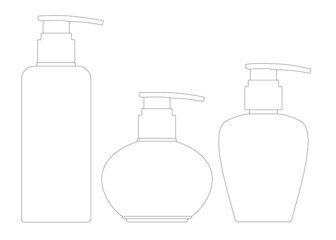 Set with contours of bottles for liquid soap from black lines Isolated on a white background. Vector illustration
