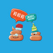 Funky christmas hand drawn greeting card. vector funny cartoon cool tiny brown poo character with santa red and his poo elf friend isolated on blue background,