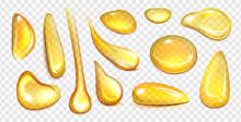 Realistic Golden Drops Different Shapes Of Organic Cosmetic, Liquid Vitamin Or Food Oil On Transparent Background. Falling Honey Drop Or Gasoline Yellow Droplet, Top View Vector Illustration.