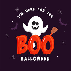 Poster - Boo Halloween Poster Design With Funny Ghost, Broom And Flying Bats On Purple Background.