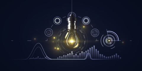 Wall Mural - Creative business chart with abstract glolwing light bulb on dark background. Idea, innovation and finance concept. 3D Rendering.