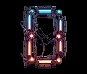 Futuristic metal font. Light neon. Letter  D.