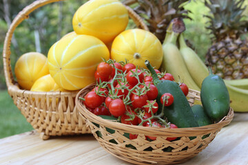 Wall Mural - Summer Vegetable Harvest - Ginkaku Korean Melons with Jalapeno Peppers and Tomatoes