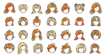 Woman hairstyles heads vector illustrations set isolated on white background, girl attractive beautiful haircuts collection, different hair color.