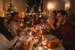 © Syda Productions - holidays and celebration concept - multiethnic group of happy friends with sparklers having christmas dinner at home