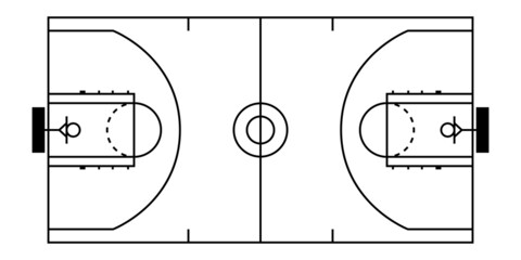 Top view basketball court black and white drawing image. Clipart image