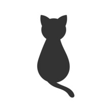 Sitting Black Cat Silhouette Isolated Icon, Back View.