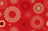 Fototapeta  - Golden christmas snowflake on red  background. Abstract New Year pattern. Seamless ornament for decor, wallpaper, gift paper and design of New Year's souvenirs