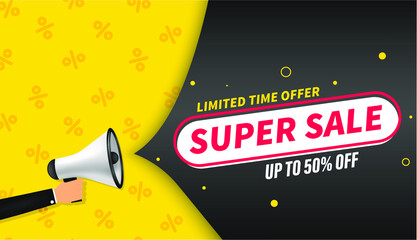 Wall Mural - Vector Super Sale Offer, Mega Deal Discounts, Limited Time Offer, Advertising Poster Design With Flat Icon Loudspeaker