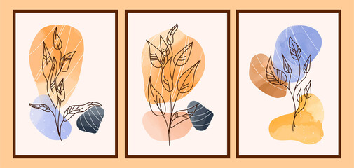 Wall Mural - Watercolor painting set. Room decoration, art. Abstract, minimalistic pictures. Nature, flowers, leaves, branches. Poster, banner Cartoon flat vector illustrations isolated on gold background