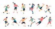 Soccer players. Guys and girls athletes in dynamic poses, football team players with balls, batting and training people, goalkeeper sports uniform, vector flat cartoon isolated set