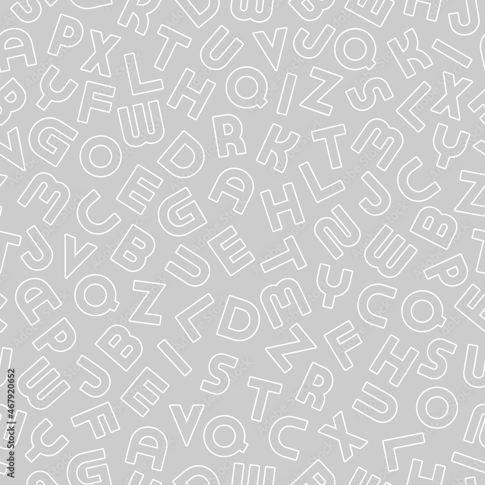 Vector seamless alphabet pattern with white outline latin letters. Grey repeatable unusual background. Can be used like wrapping paper, textile cover, wallpaper or for your other design and ideas