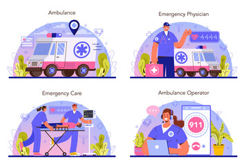 Wall Mural - Ambulance concept set. Emergency doctor in the uniform performing