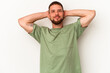 © Asier - Young caucasian man with diastema isolated on white background stretching arms, relaxed position.