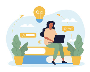 Wall Mural - Internet studying concept. Girl sitting on books with laptop in her hands. Modern technologies, internet, distance learning. Selfdevelopment, gaining new knowledge. Cartoon flat vector illustration