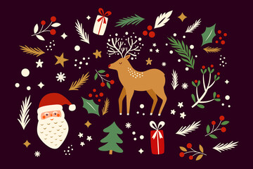 Christmas decorative banner with funny Santa Claus, Christmas deer, Christmas tree and gifts