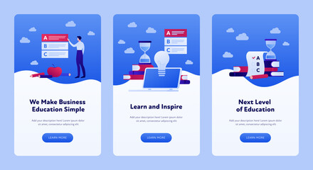 Online education banner template. Vector flat illustration set. Collection of vertical layout. Exam, lightbulb, bool, pencil and students symbols. Design for business training and university courses