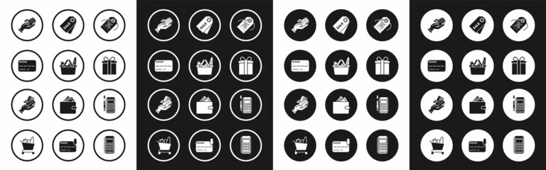 Sticker - Set Discount percent tag, Shopping basket and food, Credit card, Human hand holding with credit, Gift box, Price inscription Sale, Pos terminal inserted and icon. Vector