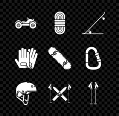 Sticker - Set All Terrain Vehicle or ATV motorcycle, Climber rope, Skateboard, Helmet, Ski and sticks, poles, Gloves and trick icon. Vector