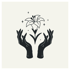 Wall Mural - female magic hands with a lily flower. power of nature. feminine principle.