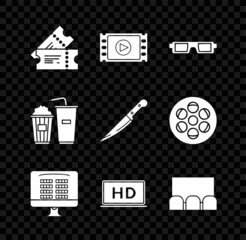 Wall Mural - Set Cinema ticket, Play Video, 3D cinema glasses, Buy online, Laptop screen with HD video technology, , Popcorn and soda drink and Knife icon. Vector