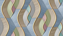 3d Illustration.Geometric Seamless 3D Pattern In Colors Wood Fragments With Golden Elements. Modern Wallpaper.