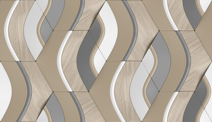 Wall Mural - Geometric seamless 3D pattern in brown wood, white and gray elements. Waves series. 3d illustration.