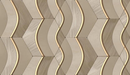 Wall Mural - 3D illustration. Geometric seamless 3D pattern in beige color with gold and wood segments. Hexagon tiles.